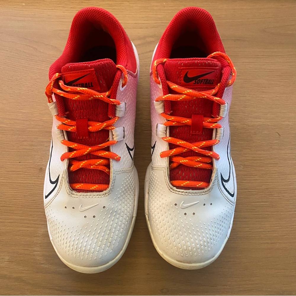 Nike Womens HyperDiamond 4 Pro, Red/ White/ Orange Fire Laces, Sz 7.5 - Picture 2 of 15